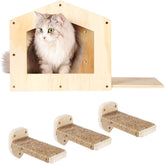 COOLEX Cat Wall Shelves, Cat Shelves for Wall, Cat House Wall Furniture, Cat Condo Shelf with 3 Steps Scratching Post, Cat Bed Hammock Wall Mounted, Climbing Shelf Wall Mount for Indoor Cats (Wood)